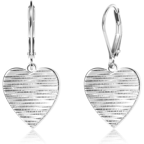 Women's Heart Dangle Geometric Flat Hammered Drop Leverback Silver Earrings - Picture 1 of 7